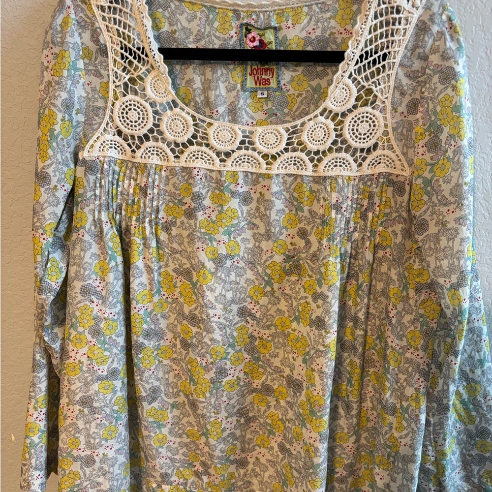 Johnny Was Multicolor Silky Floral Crochet Blouse